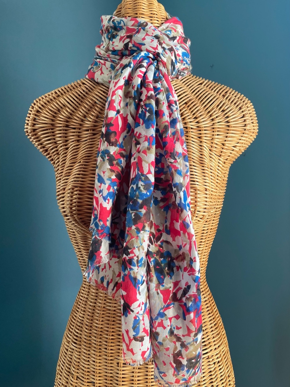 J Crew Watercolor Floral Lightweight Scarf Red Blue Cream Rectangle